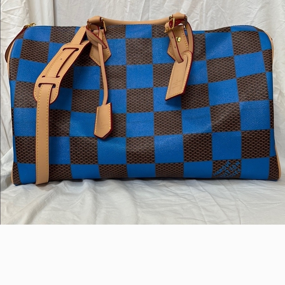 Elegant Blue and Brown Checkered Duffel Bag
